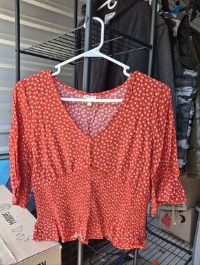 Red Floral Smocked Waist V-Neck Blouse